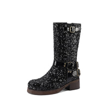 Load image into Gallery viewer, Women's Sequin Buckle Mid-Calf Boots - Chunky Heel PU Leather Boots