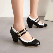 Load image into Gallery viewer, Women's Patent Leather Chunky Heel Mules – Candy Color Round Toe Buckle High Heels