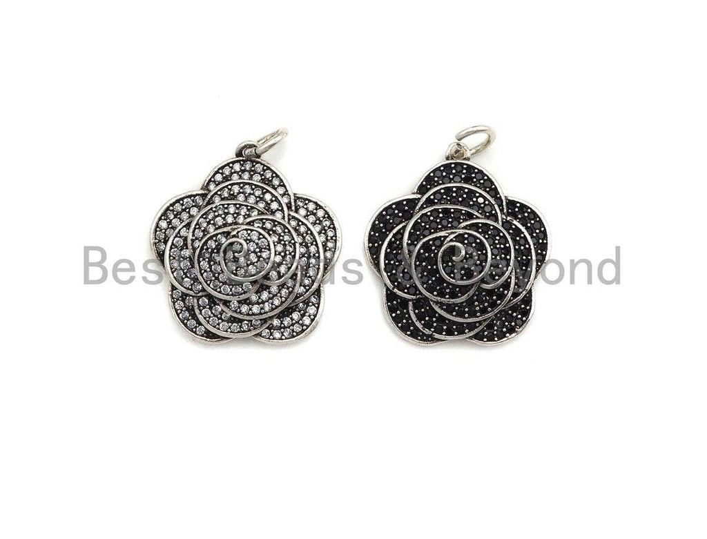 CZ Micro Pave Rose Flower Shape Pendant, Antique Silver Tone, Cubic Zirconia Pave Flower Charm Pendant, 23x25mm,sku#F1029C