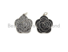 Load image into Gallery viewer, CZ Micro Pave Rose Flower Shape Pendant, Antique Silver Tone, Cubic Zirconia Pave Flower Charm Pendant, 23x25mm,sku#F1029C