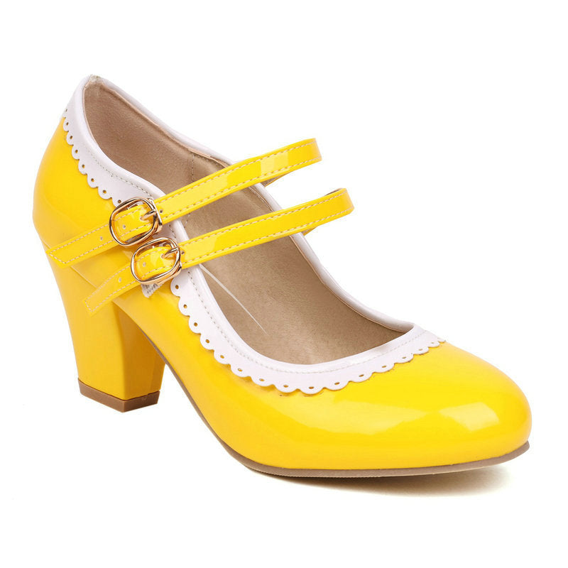 Women's Patent Leather Chunky Heel Mules – Candy Color Round Toe Buckle High Heels