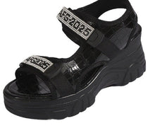 Load image into Gallery viewer, Women's Rhinestone Lettered Wedge Heel Sandals – Velcro Casual Platform Sandals in White &amp; Black