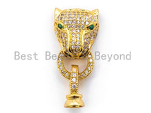 Load image into Gallery viewer, CZ Micro Pave 18K Gold Panther Leopard Head Buckle Interlocking Clasp, Green Eye Leopard Head Clasp for Jewelry Making, 30x13x7mm, sku#K54