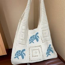 Load image into Gallery viewer, Women's Hand-Knitted Turtle Tote Bag - Hollow Knit Design Blue Shoulder Bag