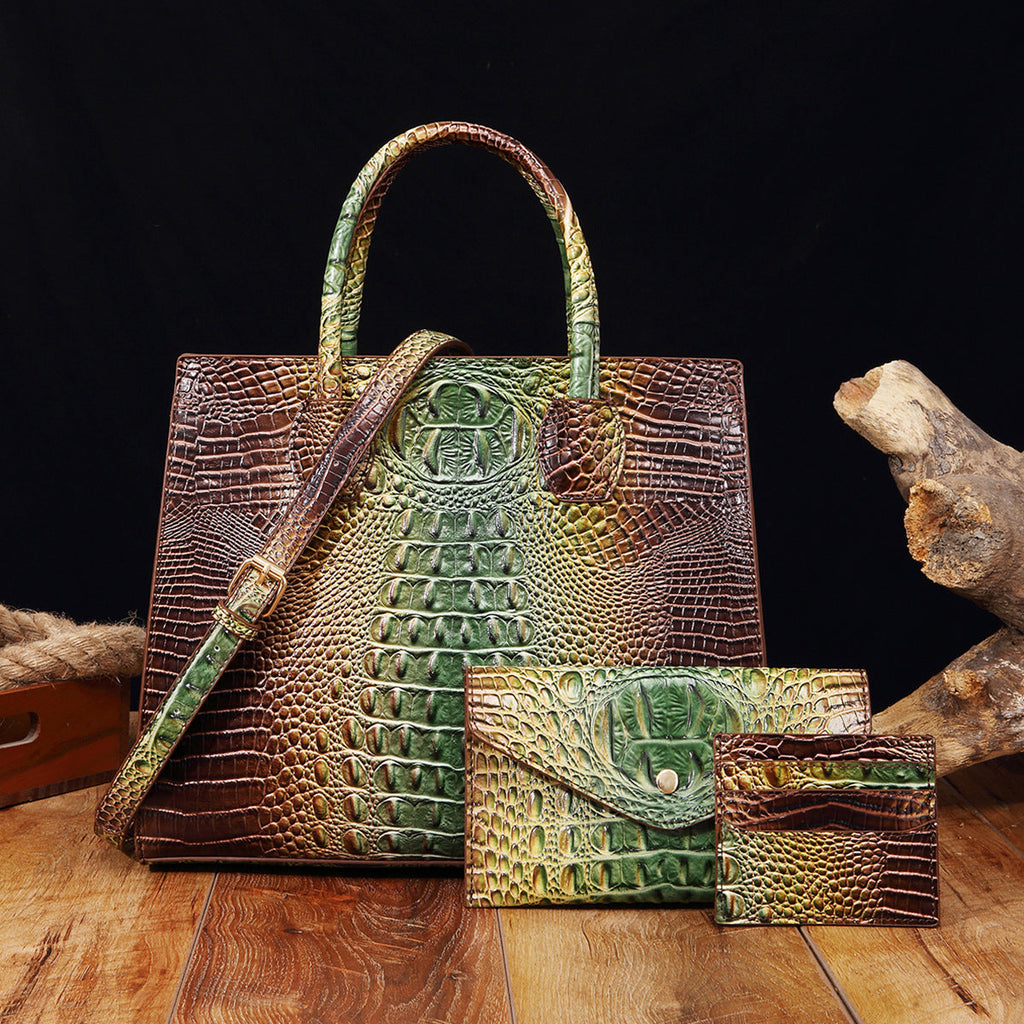 Women's Crocodile-Grain Crossbody Tote Bag Set - 3-Piece Premium PU Leather Handbag Collection