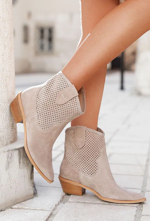 Women's Embossed Suede Mid-Heel Boots - Pointed Toe Slip-On Ankle Boots in Large Sizes