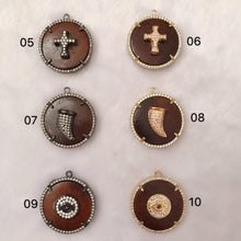 Load image into Gallery viewer, CZ Micro Pave 28x32mm Evil Eye Horn Star Cross on Round Wood Disc Pendant, sku#B50