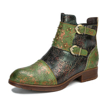 Load image into Gallery viewer, Women's Ethnic Rivet Buckle Boots - Cowhide Leather Fashion Ankle Boots with Side Zipper