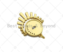 Load image into Gallery viewer, CZ Micro Pave Evil Eye Cresent Moon On Round Coin With Radial Pendant/Charm, Real Gold Plated Charm Pendant,22x27mm, Sku#L427