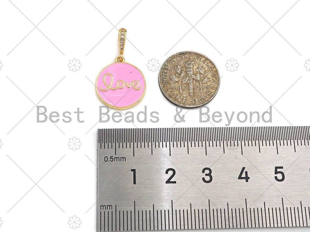 CZ Pave Clorful Enamel Love Coin Pendant, Pink Turquoise Yellow White Black Love Enamel pendant, Enamel Jewelry, 15mm,sku#ML28C