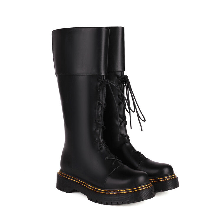 Women's High-Heeled Lace-Up Thigh-High Boots | Chunky Heel Round Toe PU Leather