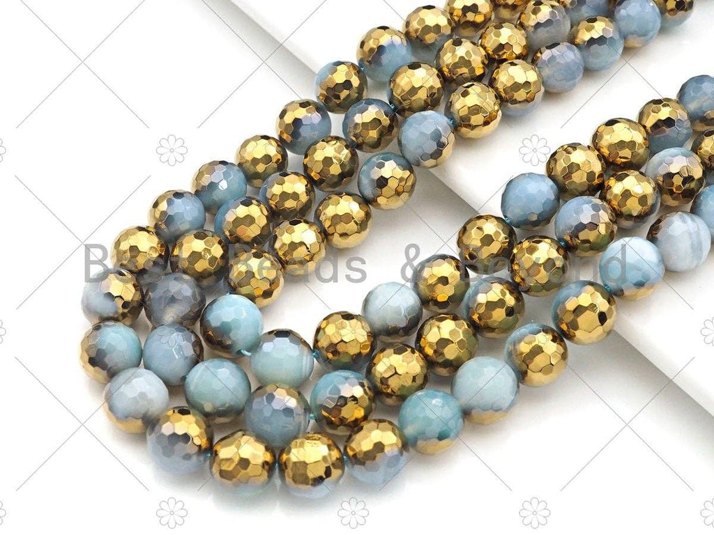 Half Gold Plated Blue White Agate Beads, 8mm/10mm/12mm Round Faceted Gold Blue White Agate, 15.5 Full Strand, sku# UA139