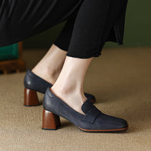 Load image into Gallery viewer, Women's Square Toe Chunky Heel Shoes – Sheepskin Upper, Retro Dress Heels in Blue &amp; Apricot