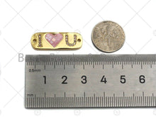 Load image into Gallery viewer, I Love you  Connector, Pink Mother-of-pearl Bar Connector , Cubic Zirconia Pendant, Gold Tone,10x27 mm, Sku#LK75