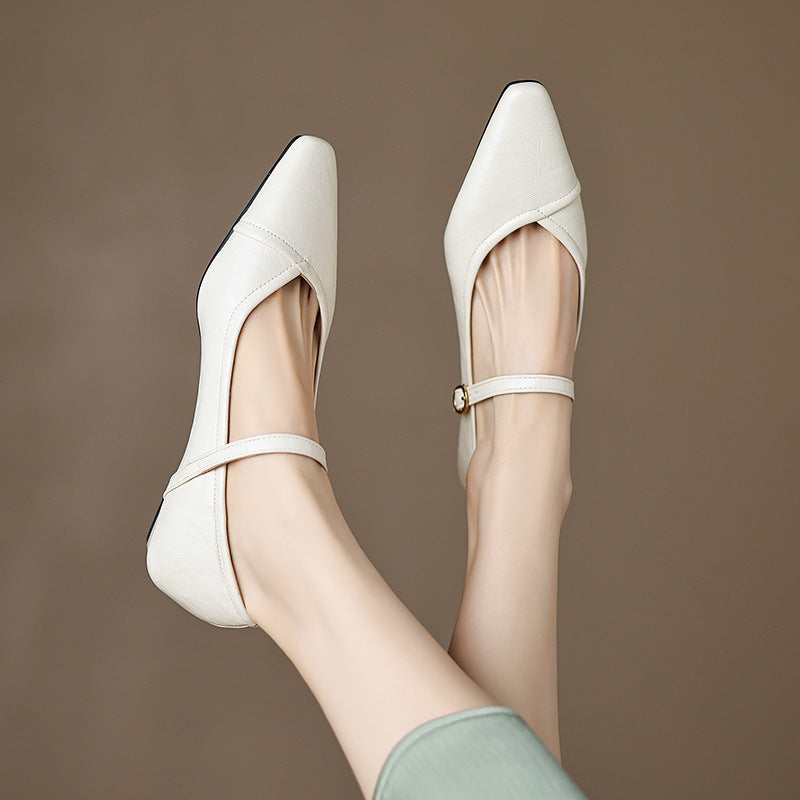 Women's Pointed Toe Low Heel Dress Shoes with Floral Detail - Elegant Buckle Closure Pumps