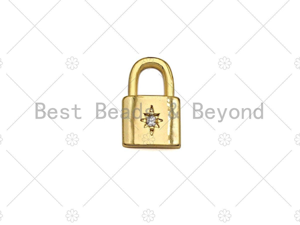 18K Gold Dainty Pad Lock Charm with Pave Star, Pave lock Pendant, Gold/Silver Padlock, 8x12mm, Sku#LK31