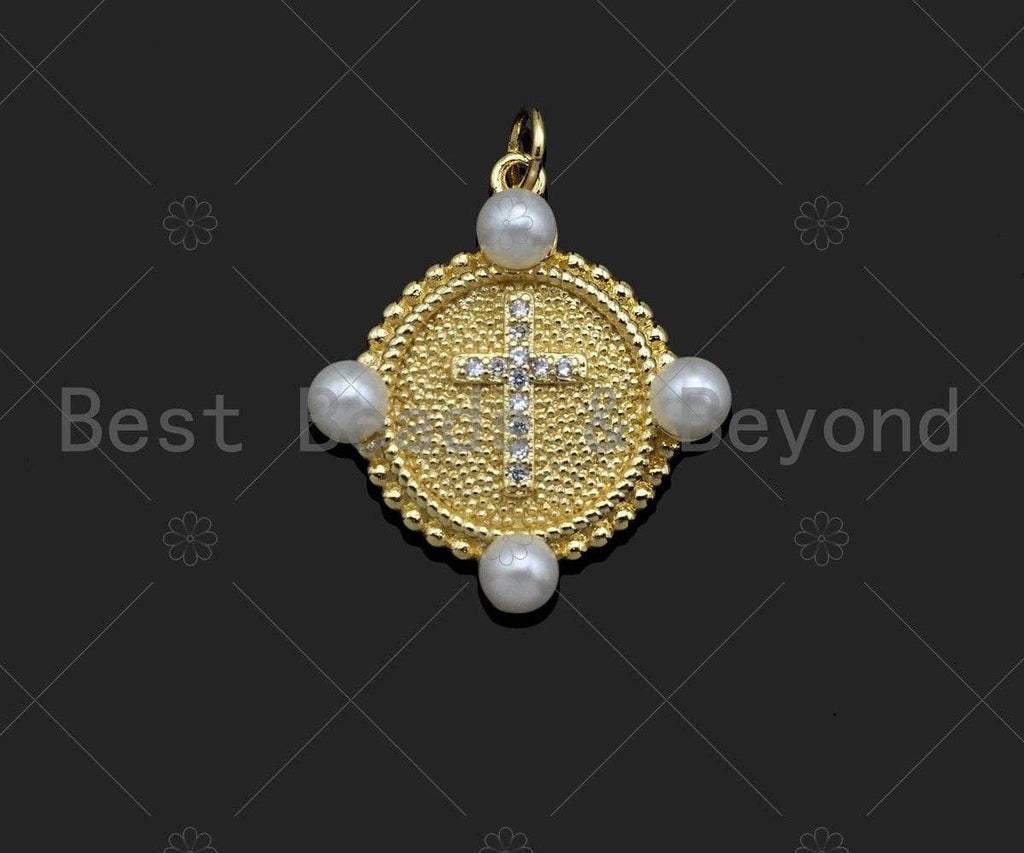 Gold Filled CZ Micro Pave Cross Medallion Pendant,18K Gold Filled Mother of Pearl Charm, Necklace Bracelet Pendant,25x23mm,Sku#LK348