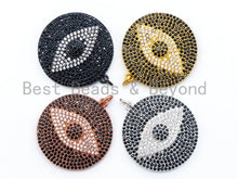 Load image into Gallery viewer, CZ Micro Pave Black Evil Eye on Disc Round Charm/Pendant, Black CZ in Black/Gold/Silver Finish, 40mm,Sku#L3
