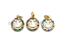 Load image into Gallery viewer, CZ Colorful Micro Pave Smiley Face Charm/Pendant, Round Face Shaped Pave Pendant, Gold plated, 10x12mm, Sku#F843