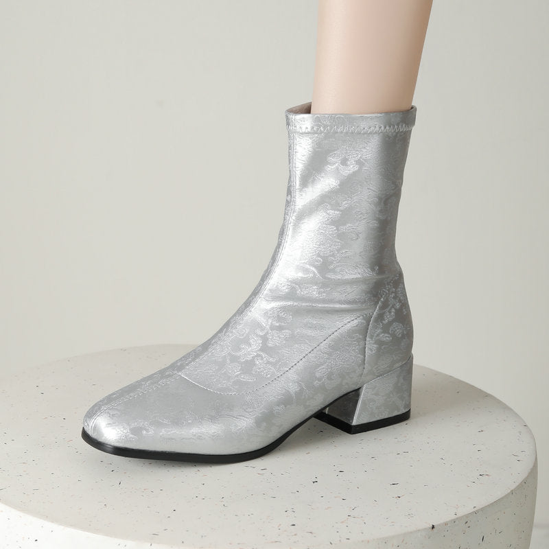 Women's Floral Embroidered Chunky Heel Booties | Retro Square Toe Slip-On Ankle Boots