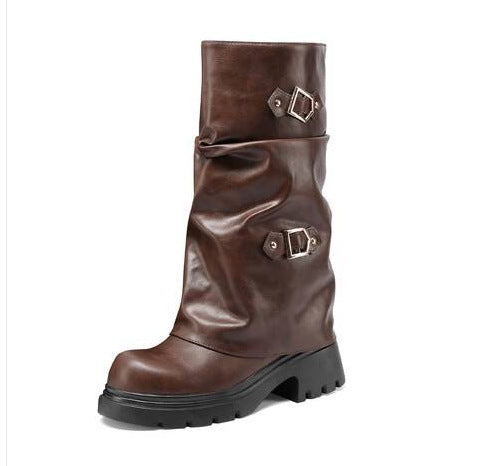 Women's Retro Multi-Layer Buckle Boots – Suede High-Top Boots with Stacked Buckle Detail