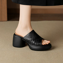 Load image into Gallery viewer, Women's Ruched Block Heel Slides | Open-Toe Lambskin Leather Mules