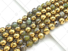 Load image into Gallery viewer, Half Gold Plated Light Olive Green Agate Beads, 8mm/10mm/12mm Round Faceted Agate Beads, 15.5 Full Strand, sku# UA137