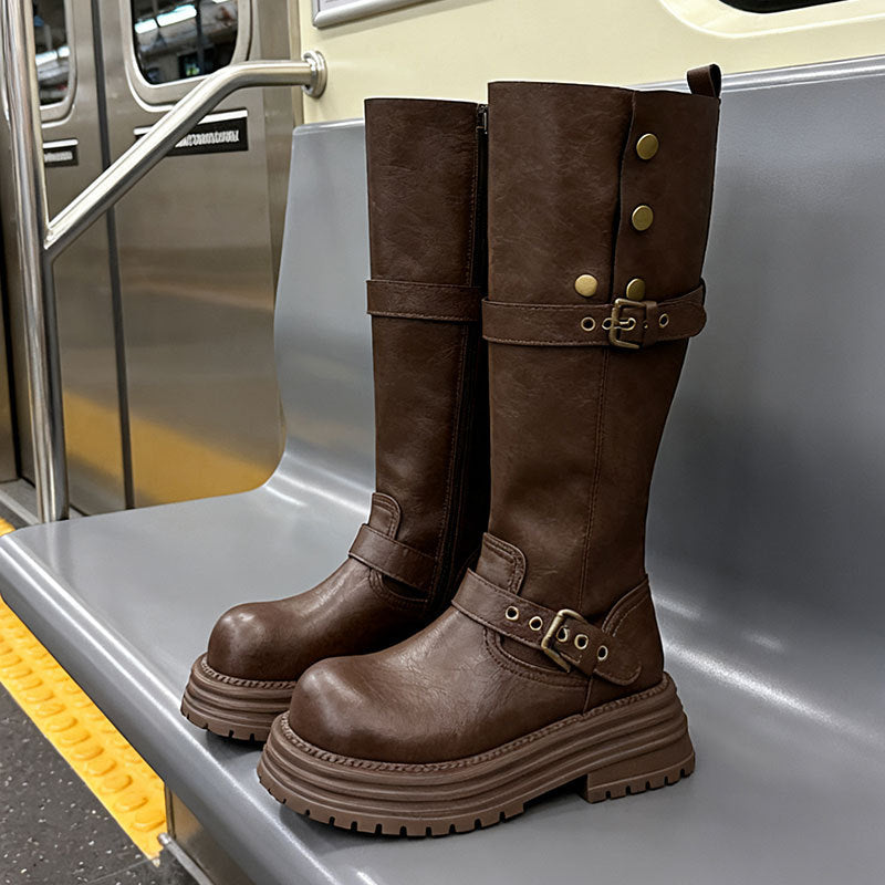 Women's Retro Chunky-Heel Knee-High Boots - British Style PU Leather Round Toe Mid Heel Winter Boots