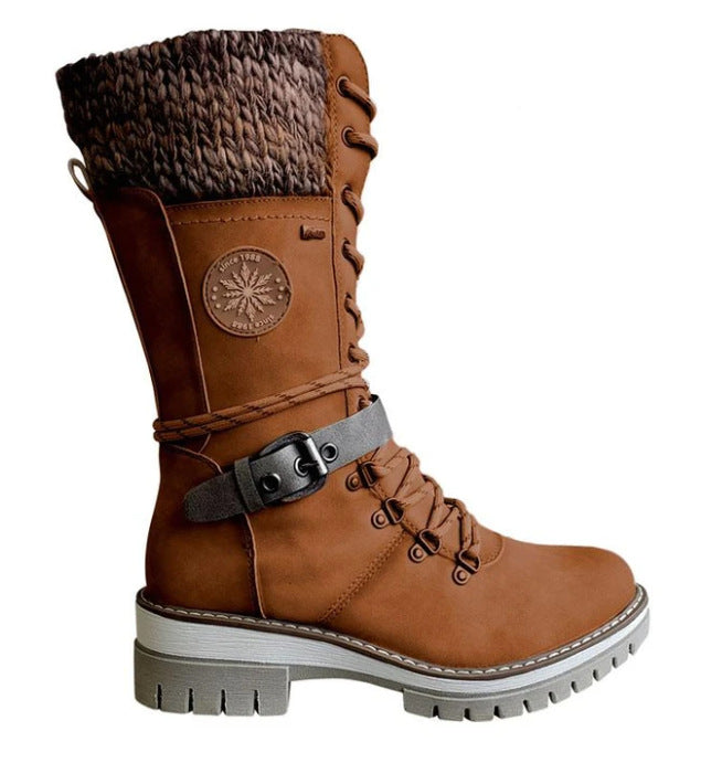 Women's Round-Toe Square-Heel Buckle Boots | Knit-Mesh Dr Martens-Style Ankle Boots