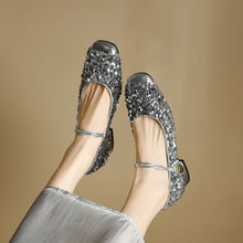 Load image into Gallery viewer, Women's Sequined Peep-Toe Mary Jane Shoes | Low Chunky Heel Buckle Dress Shoes
