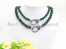 Load image into Gallery viewer, Green Tiger Eye Attachment Necklace with Large CZ Pave Gunmetal clasp, 18 long, sku#D37