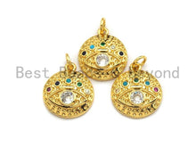 Load image into Gallery viewer, CZ Colorful Micro Pave Round  Gold With Evil Eye Coin Pendant, Coin Shaped Pave Pendant, Gold plated, 15x17mm, Sku#F866