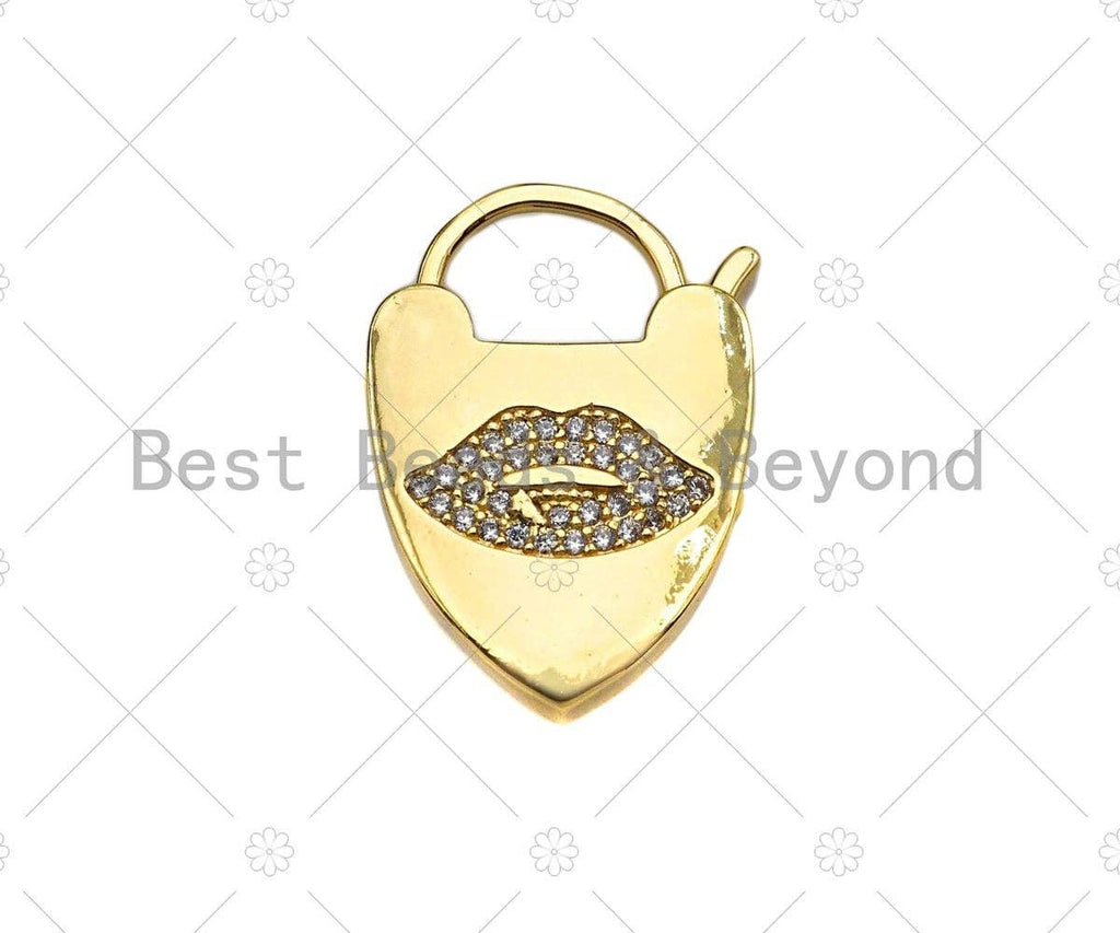 CZ Micro Pave Lips Padlock Clasp Charms, Lip CZ On Padlock Clasp, Gold Charm Pendant, Padlock Necklace Charm Connector, 17x24mm, Sku#K161