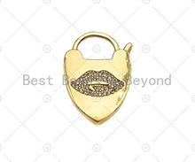 Load image into Gallery viewer, CZ Micro Pave Lips Padlock Clasp Charms, Lip CZ On Padlock Clasp, Gold Charm Pendant, Padlock Necklace Charm Connector, 17x24mm, Sku#K161