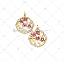 Load image into Gallery viewer, Fuchsia CZ Micro Pave Flower On Round Frame Shape Pendant,18K Gold Filled Flower Charm, Necklace Bracelet Charm Pendant, 21x21mm, Sku#LK469