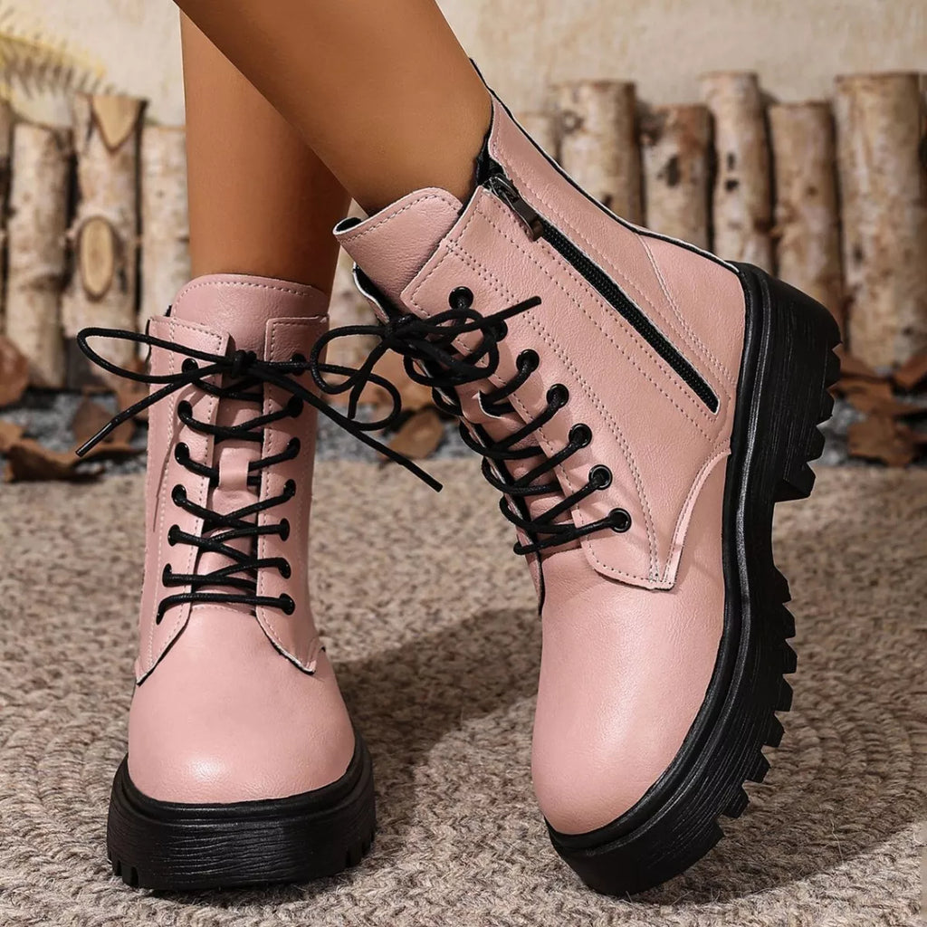 Women's Lace-Up Ankle Combat Boots | Low Heel PU Leather | Khaki Pink Brown