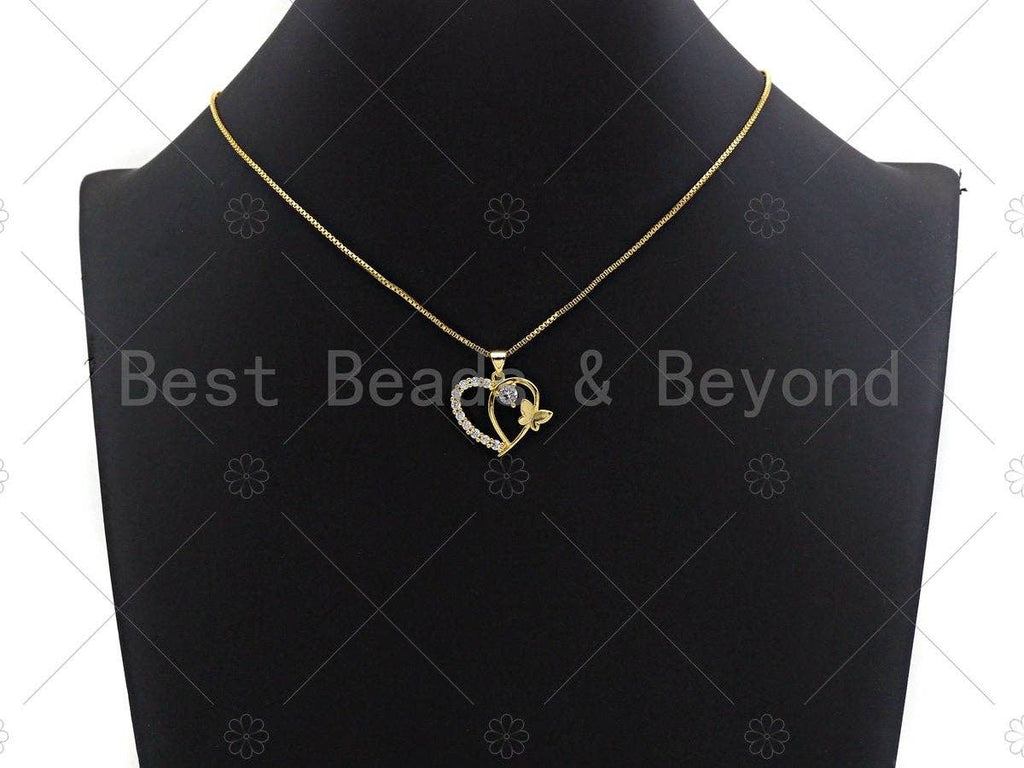 18K Gold Butterfly On Heart Shape Pendant,Heart Charm, Heart Pave Pendant, Gold plated, 19x22mm, Sku#LK52