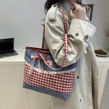 Load image into Gallery viewer, Korean Lace-Trim Color-Block Plaid Tote Bag