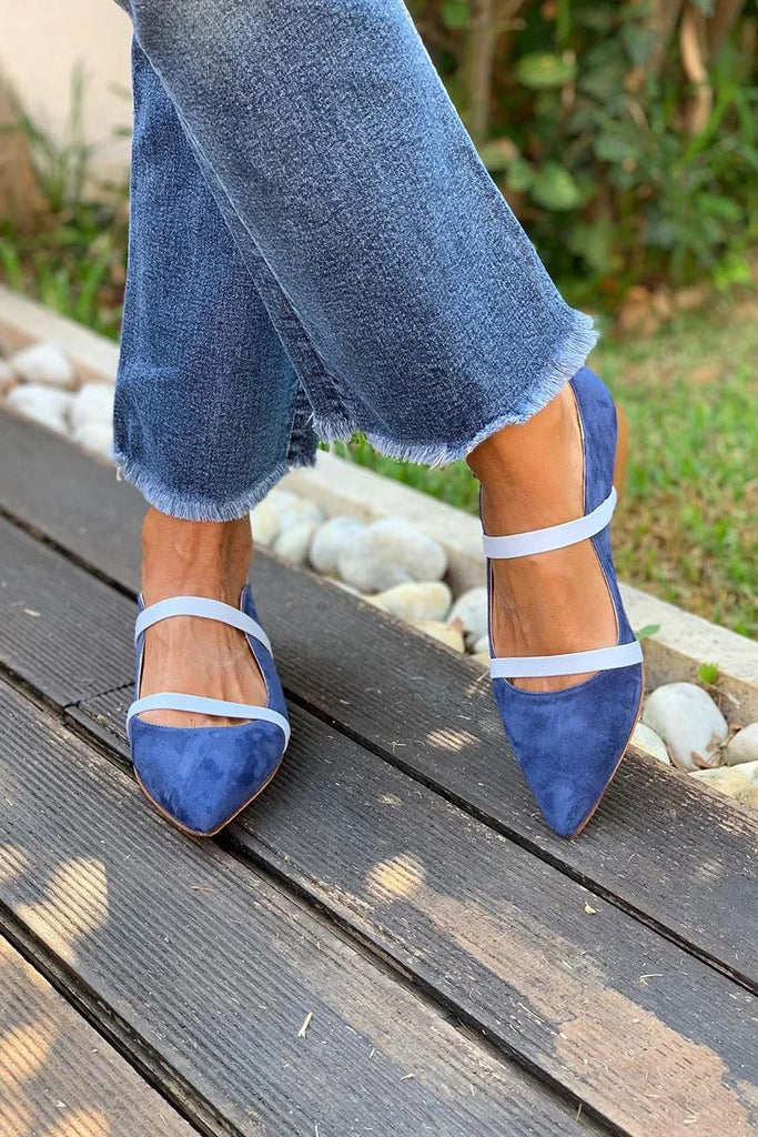 Women's Pointed-Toe Suede Dress Shoes with Rhinestone Straps | Low Chunky Heel