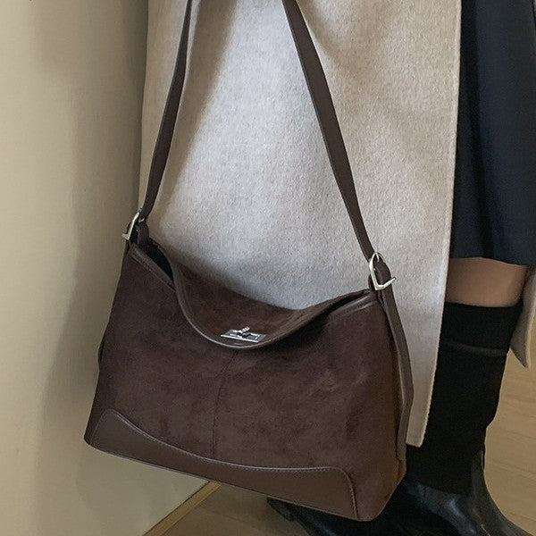 Women's Suede Bucket Crossbody Bag – Lock-Clasp Shoulder Bag with Double Straps