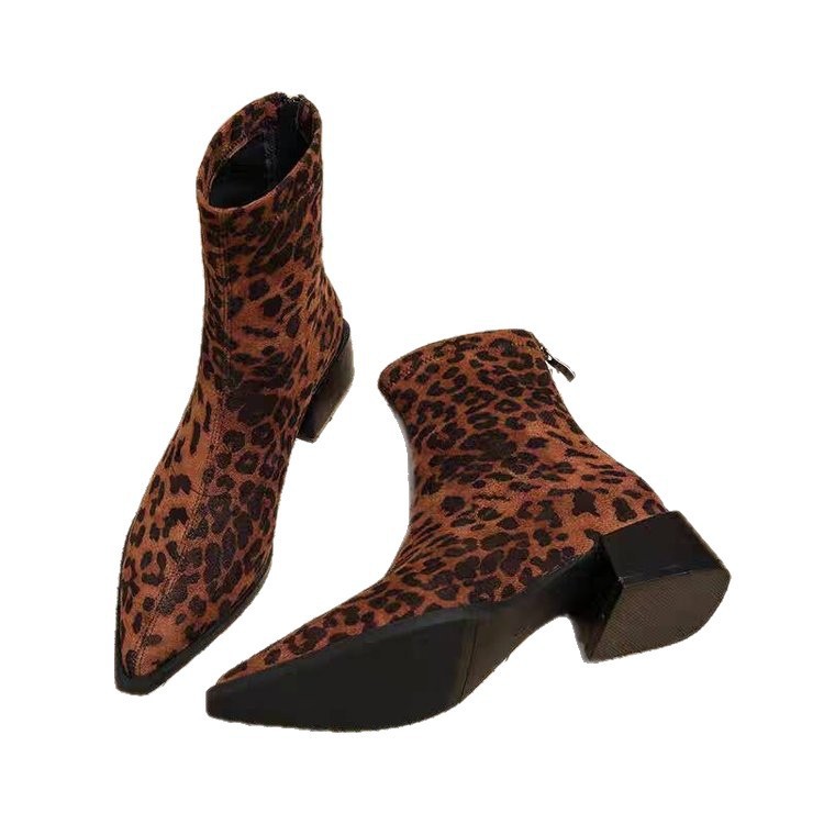 Women's Pointed-Toe Chunky Heel Boots | Back Zipper | Leopard Print, Black, Yellow, Brown
