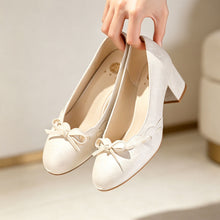 Load image into Gallery viewer, Women's Satin Bow Block Heel Pumps | Ivory Jacquard Slip-On Heels