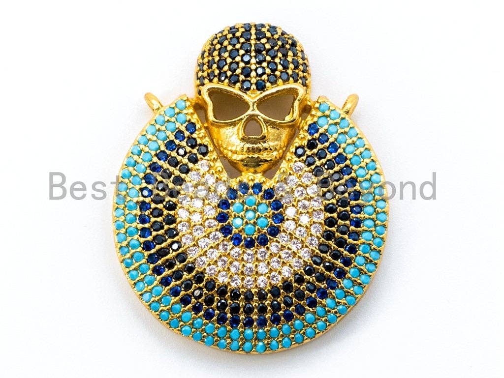 CZ Micro Pave Turquoise Black Skull on Round Disc Pendant, 27x32mm, sku#L4