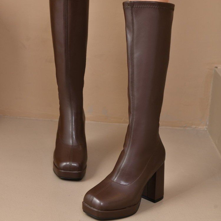 Women's Chunky Heel Stretch Boots – Thick Sole, High Shaft | Brown & Black