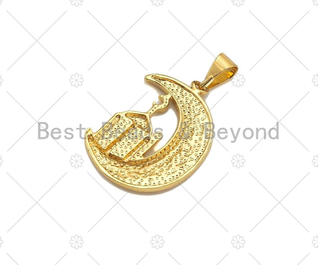 CZ Micro Pave Palace On Cresent Moon Shape Pendant/Charm, Sku#F1358C