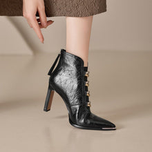 Load image into Gallery viewer, Women's Pointed-Toe Chunky Heel Short Boots – Satin Upper, Ultra-High Heel