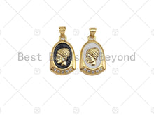 Load image into Gallery viewer, CZ Pave Black/White Enamel Medallion Lady Pendant Charm, Gold Oval Coin Charm, Greek Coin Medallion, sku#LK02