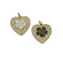 Load image into Gallery viewer, Black White Enamel Rose Flower On CZ Heart Charm, Sku#L671