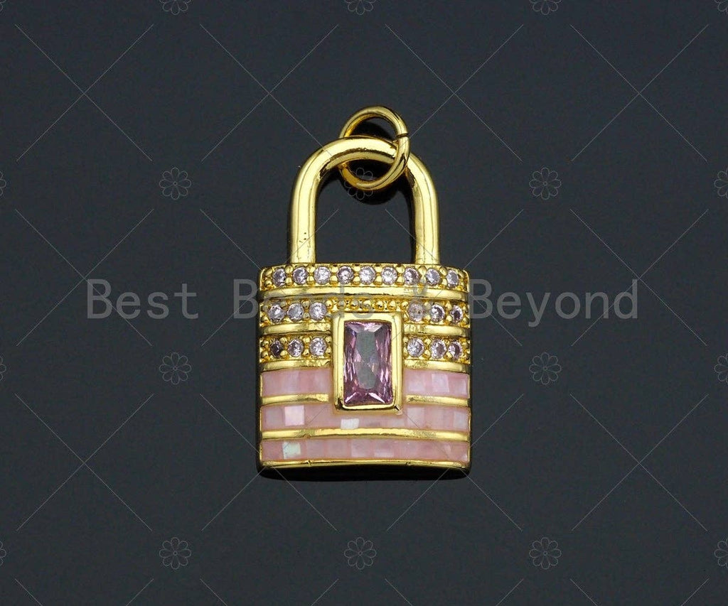 Lock Shape pink Pendant/Charm, Pink Mother-of-pearl Lock Pendant, Sku#LK73