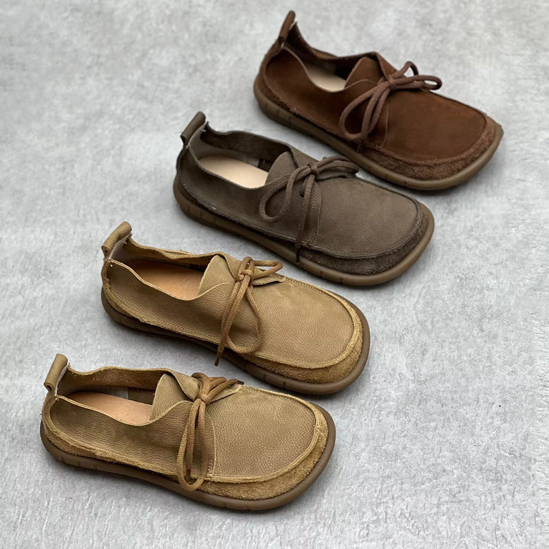 Women's Retro Leather Lace-Up Flats - Genuine Cowhide Casual Shoes